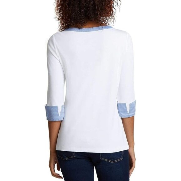 Nautica Cotton Top Womens XL Boat Neck Flip Cuff Chambray Trim 3/4 Sleeve White - Picture 13 of 13
